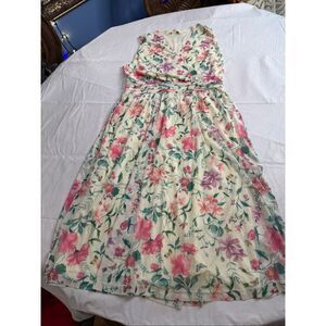 Yumi Floral Midi Dress Womens US 10 Ivory Pink Botanical Butterfly Fit Flare